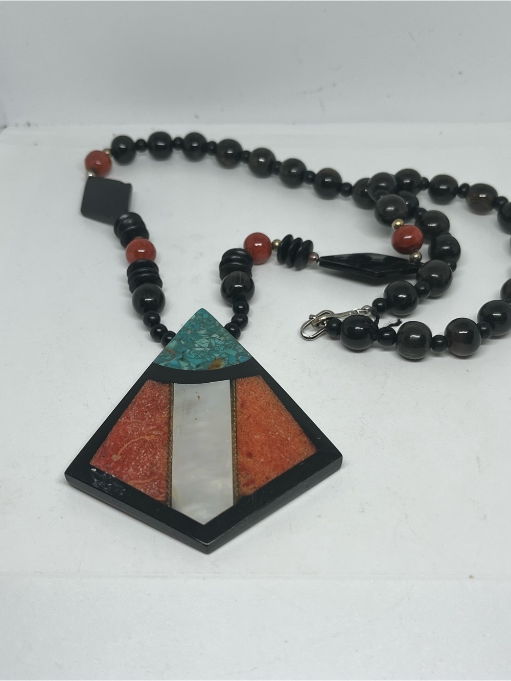 Handmade Black Bead Necklace Turquoise, Coral &  Mother-of-Pearl Pendant